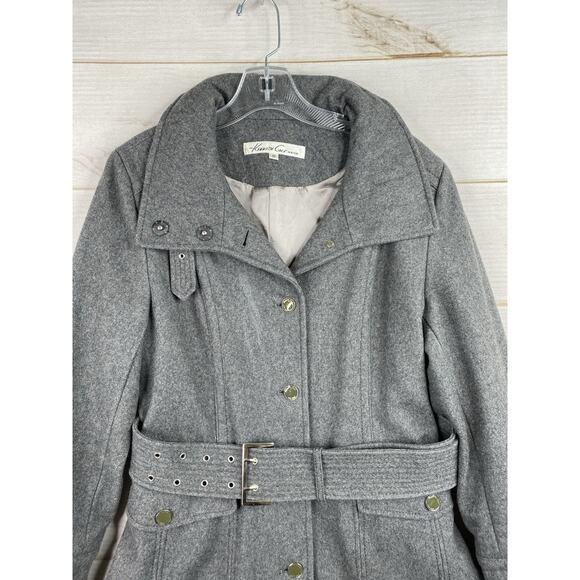 Kenneth Cole Coat Womens Sz 8 Gray Belted Wool Blend Trench Coat Satin Lined - Picture 2 of 15